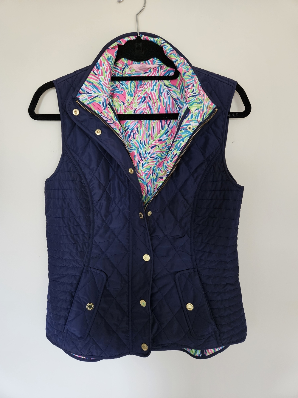 Lilly Pulitzer Navy Shell Vest with Pink, Blue & Green Printed Lining